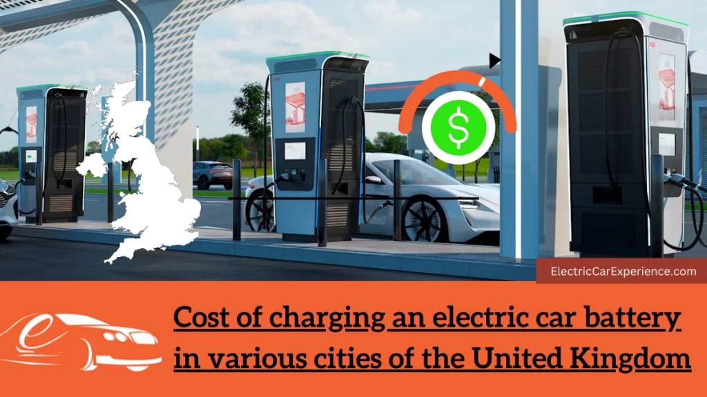 Cost of charging an electric car battery in various cities of the United Kingdom